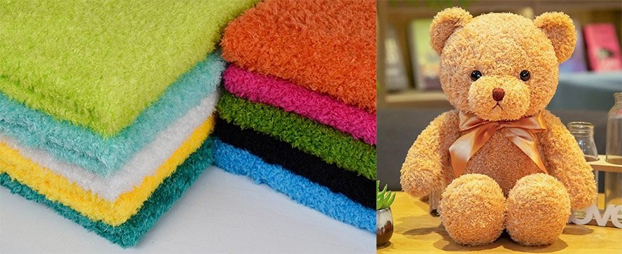 Colorful stacks of plush fabric on the left and a finished teddy bear made from similar material with a satin ribbon on the right.