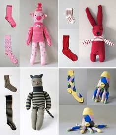Handmade plush toys creatively crafted from colorful socks, including animals and dolls, shown alongside their original sock designs.
