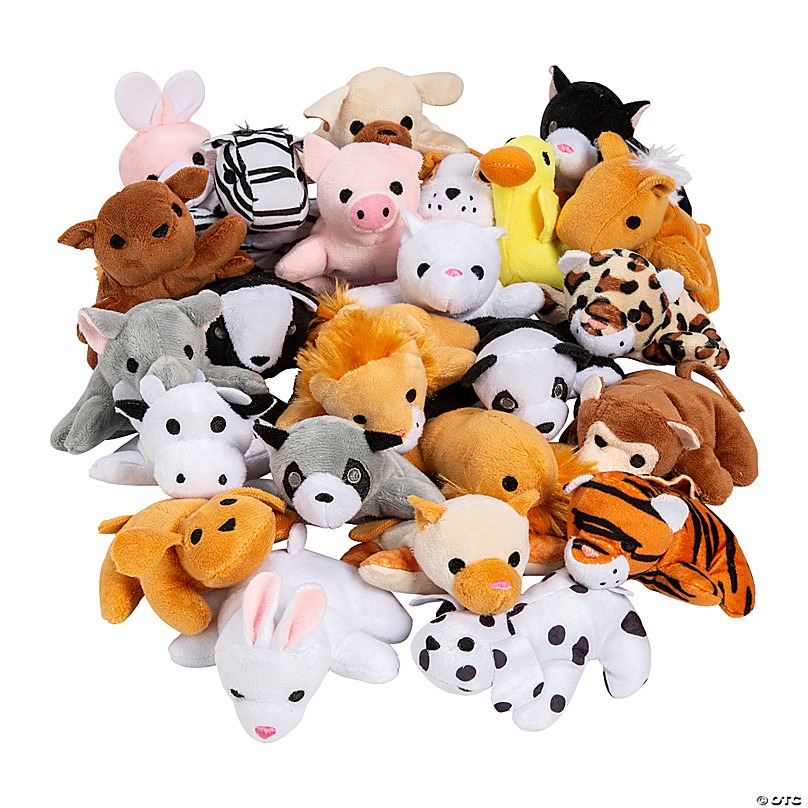 A variety of small plush stuffed animals, including lions, tigers, dogs, pigs, and more, arranged in a pile on a white background.
