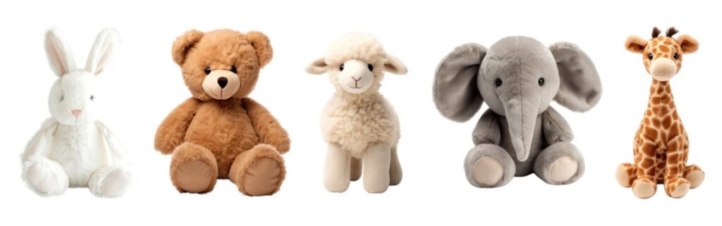 Five plush toys in a row: a white bunny, brown teddy bear, fluffy sheep, gray elephant, and spotted giraffe on a white background.