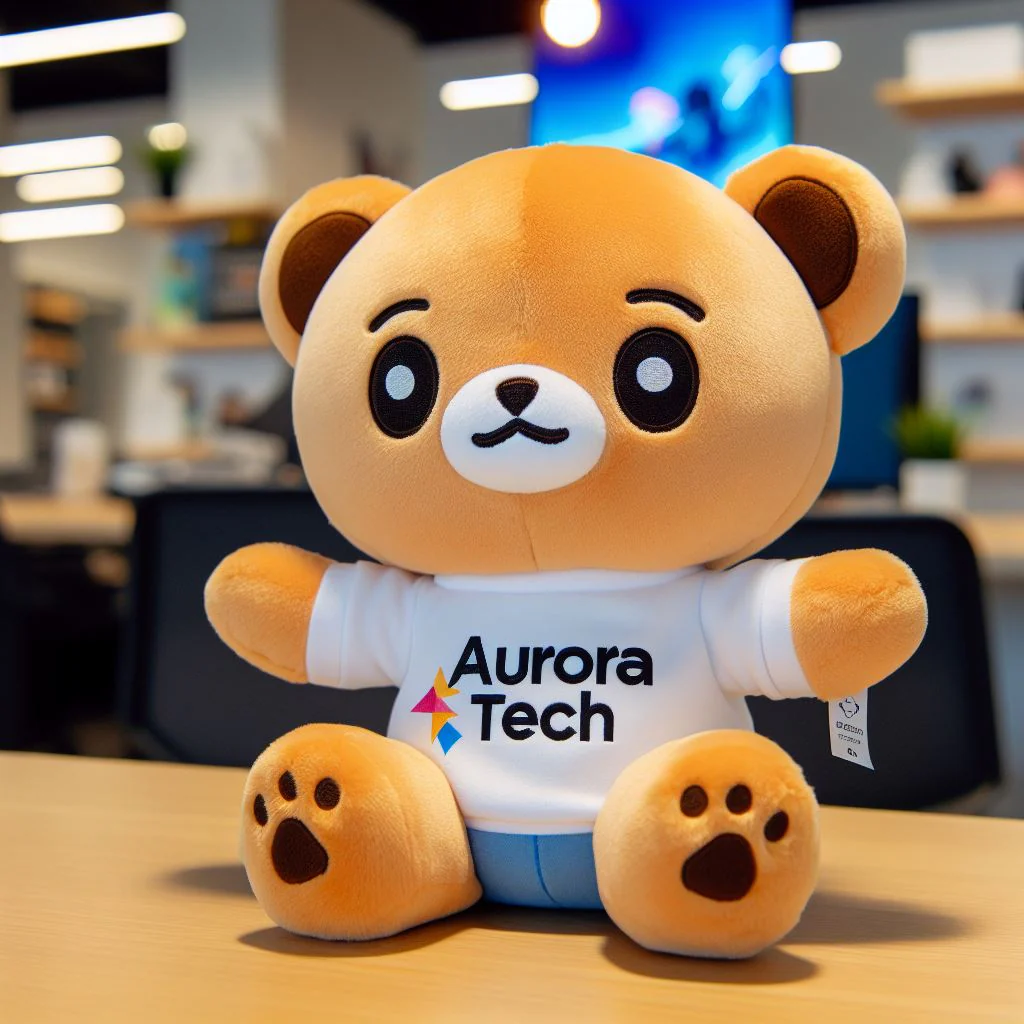 A cute brown plush bear sitting on a desk, wearing a white T-shirt with the "Aurora Tech" logo, in a modern office environment with shelves and a screen in the background.