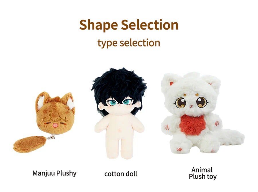 Three types of plush toys displayed: a Manjuu plushy keychain, a cotton doll with black hair, and a white animal plush toy with red accents.