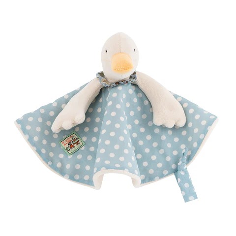 A soft plush duck comfort toy with a white head and arms, attached to a blue polka-dotted fabric body, designed as a baby lovey or security blanket.