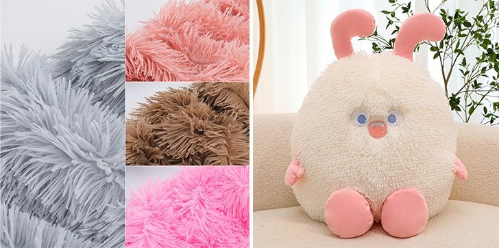 Soft and fluffy plush bunny toy with pink ears and feet, sitting on a couch; four fabric texture samples shown in gray, light pink, brown, and bright pink.