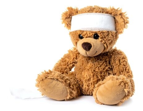 A fluffy brown teddy bear with a white bandage wrapped around its head and a piece of bandage trailing from its foot, sitting against a white background.