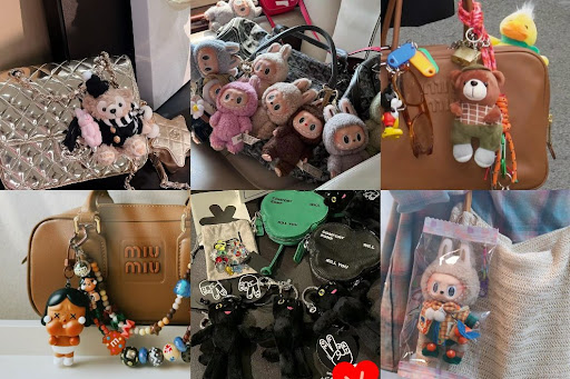 A collage of various handbags and purses decorated with plush keychains and cute accessories, including animal characters, dolls, and colorful trinkets.