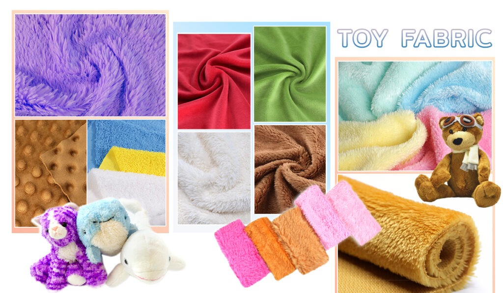 Various colorful plush and minky fabrics displayed with toy samples including a teddy bear and stuffed animals, labeled as toy fabric.