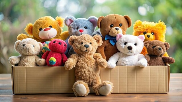 A variety of colorful teddy bears and stuffed animals sitting in two cardboard boxes on a wooden surface, with a green outdoor background.