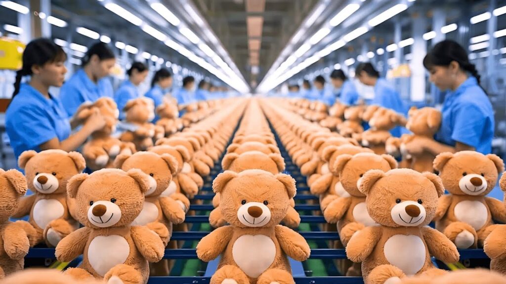 A teddy bear factory production line with rows of identical brown teddy bears being assembled by workers in blue uniforms, stretching into the distance.