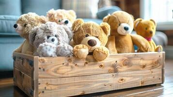 A wooden crate filled with various teddy bears of different sizes and colors, sitting in a cozy room with soft lighting.
