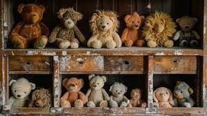 A collection of vintage stuffed animals, including teddy bears and lions, displayed on the shelves of a worn wooden cabinet.