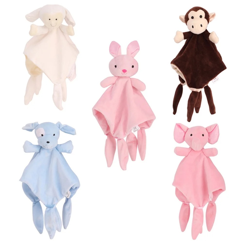 Five soft animal security blankets including a lamb, bunny, monkey, dog, and elephant in pastel and brown colors.