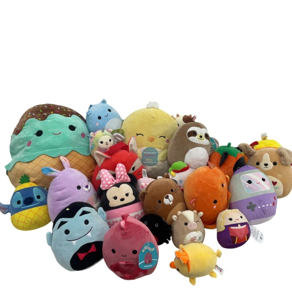 Colorful assortment of Squishmallows plush toys in various shapes like animals, food, and characters.