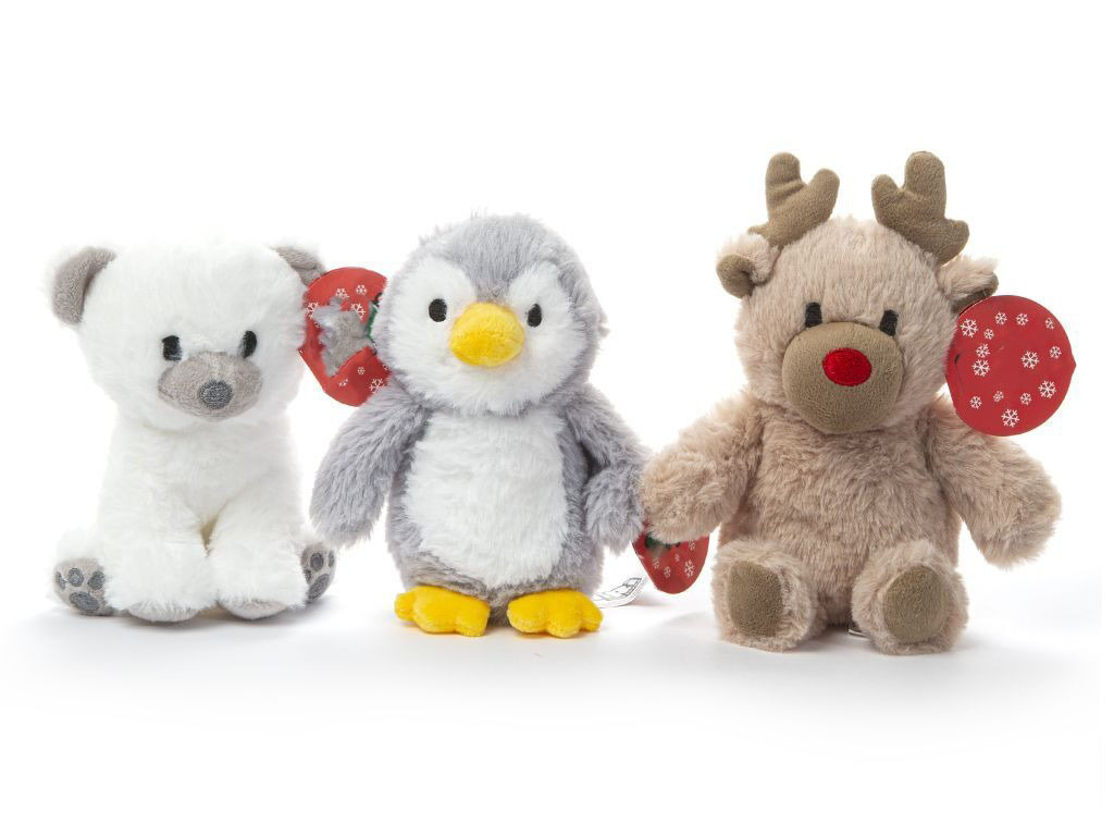 Three soft plush toys lined up: a white bear, a grey penguin with yellow feet and beak, and a light brown reindeer with antlers and a red nose, all with red MiRi tags.
