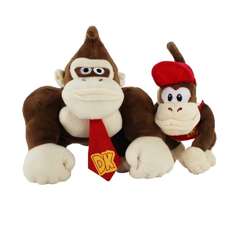 Donkey Kong and Diddy Kong plush toys featuring signature red tie and red cap