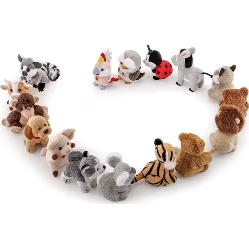 Assorted small animal plush toys arranged in a circle on a white background, featuring lions, tigers, elephants, dogs, and more.