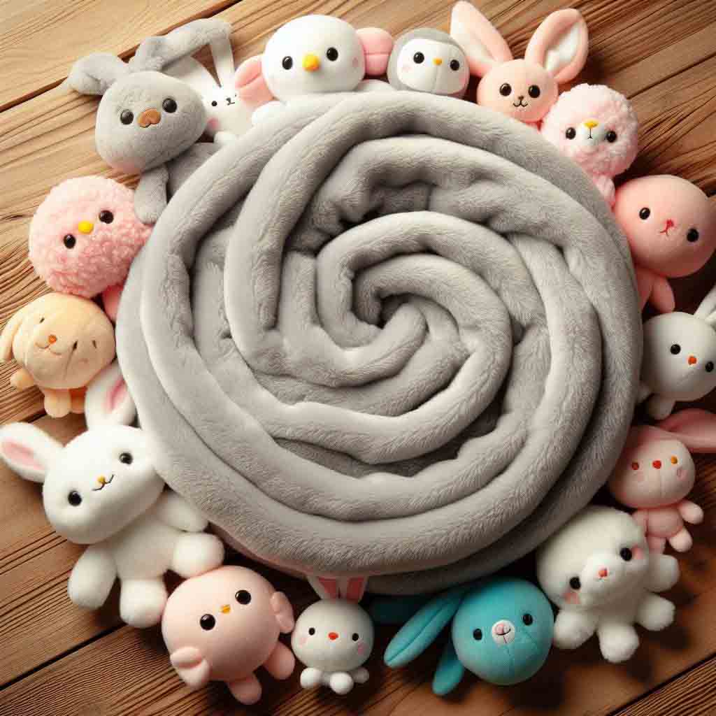 Uma espiral acolhedora de um cobertor de pelúcia cinzento rodeado por vários brinquedos de pelúcia de animais giros dispostos em círculo num chão de madeira.