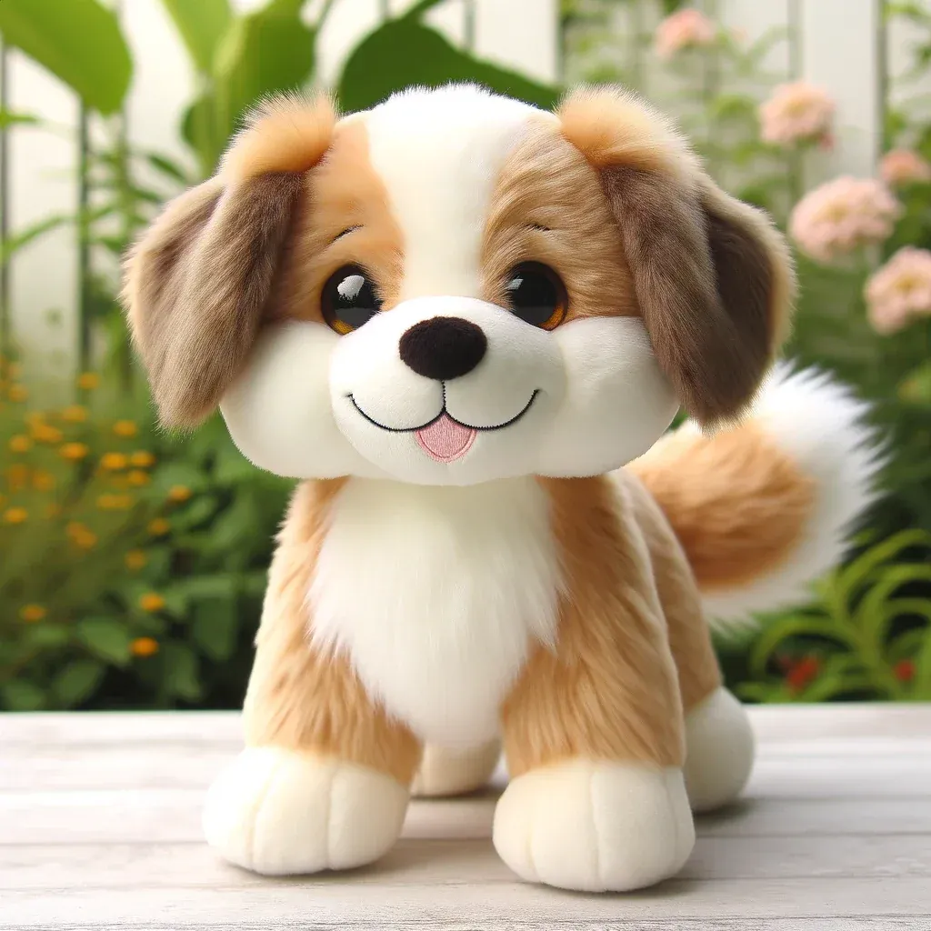 Cute smiling plush puppy with big eyes in garden setting.