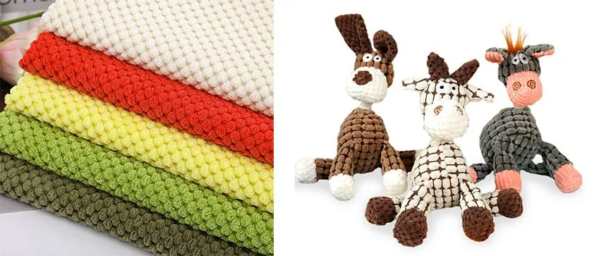 Colorful plush fabric and three handmade stuffed animal toys