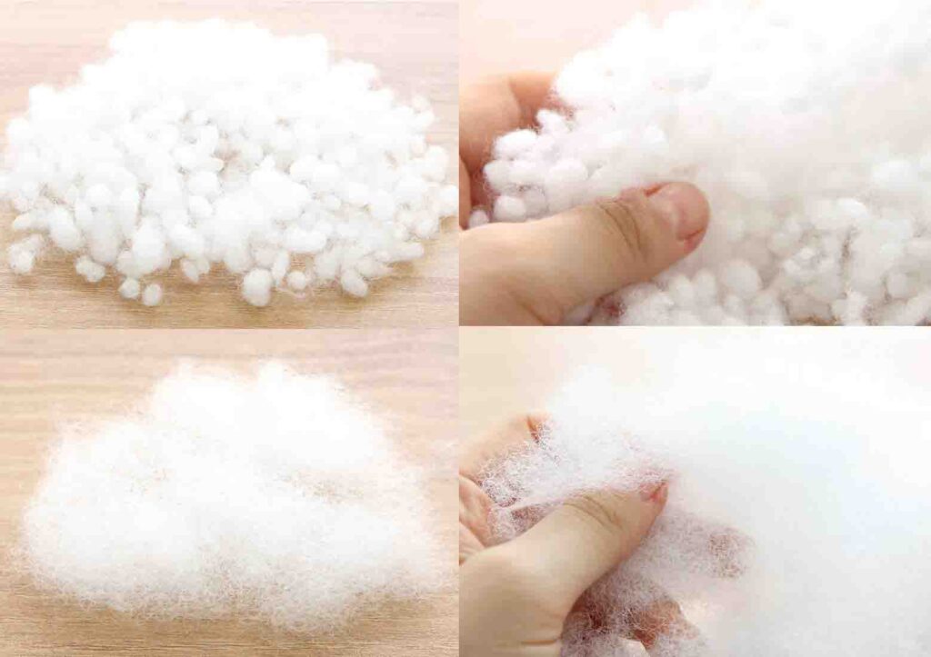 Close-up of different white polyester fiberfill types for plush toy stuffing.