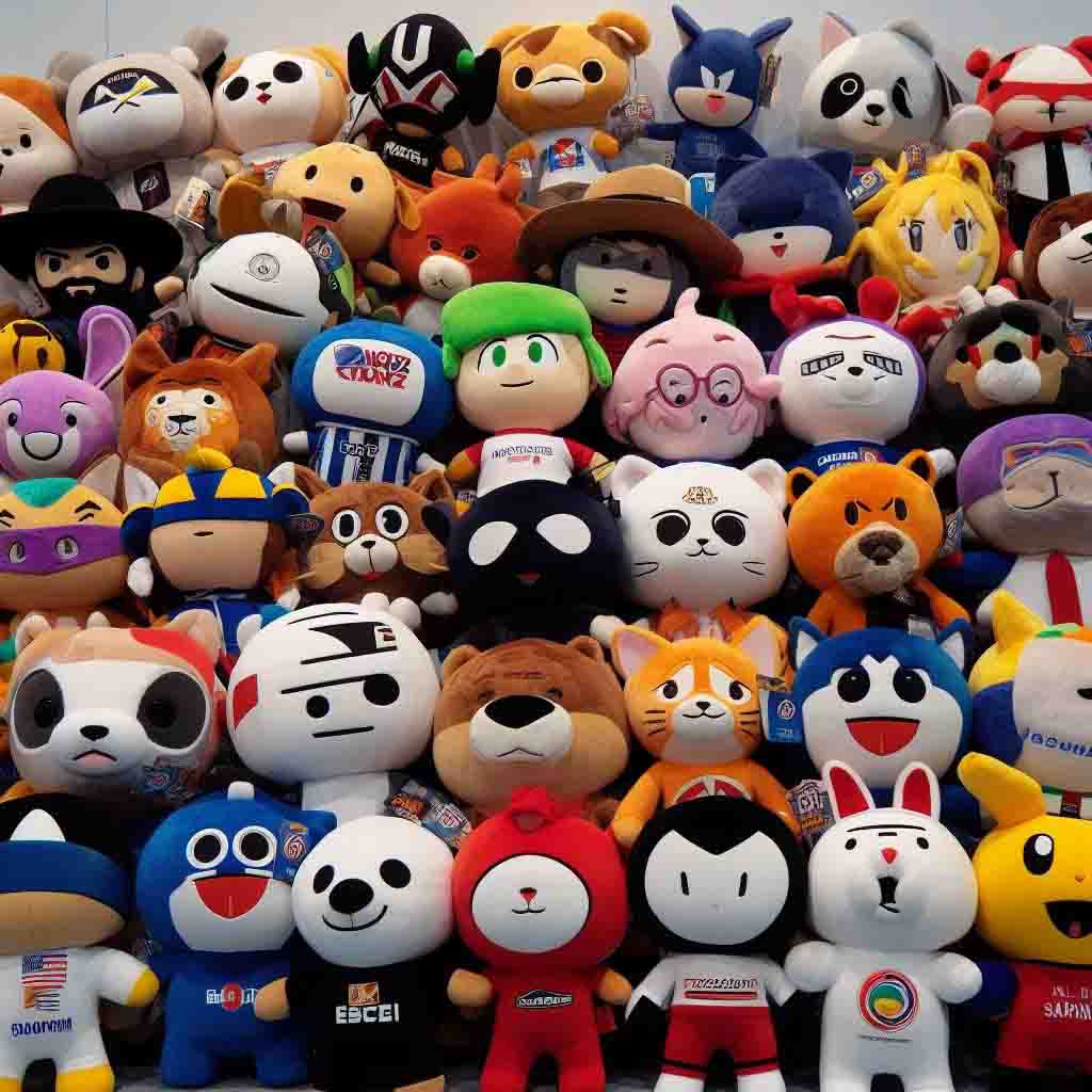Colorful collection of cartoon-themed plush characters in rows