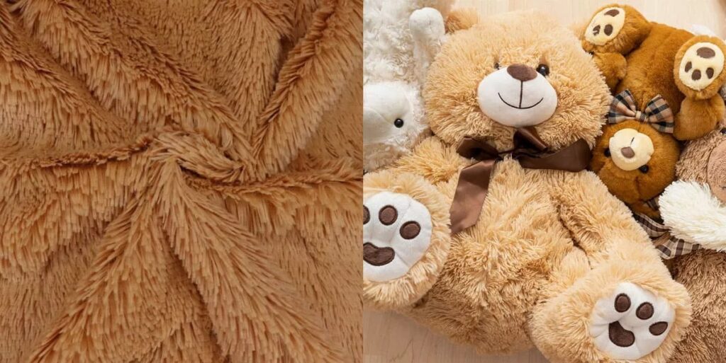 Brown soft plush fabric and group of plush teddy bears with ribbons.