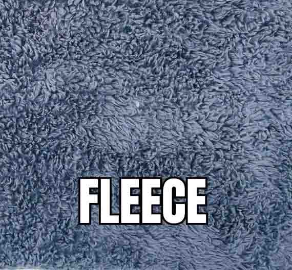 Close-up of soft blue fleece fabric texture with "FLEECE" text overlay
