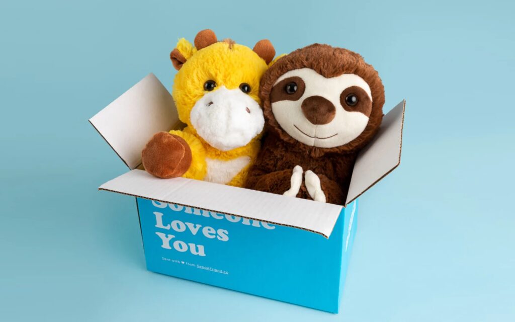 Giraffa e bradipo di peluche in una confezione regalo con messaggio "Someone Loves You".