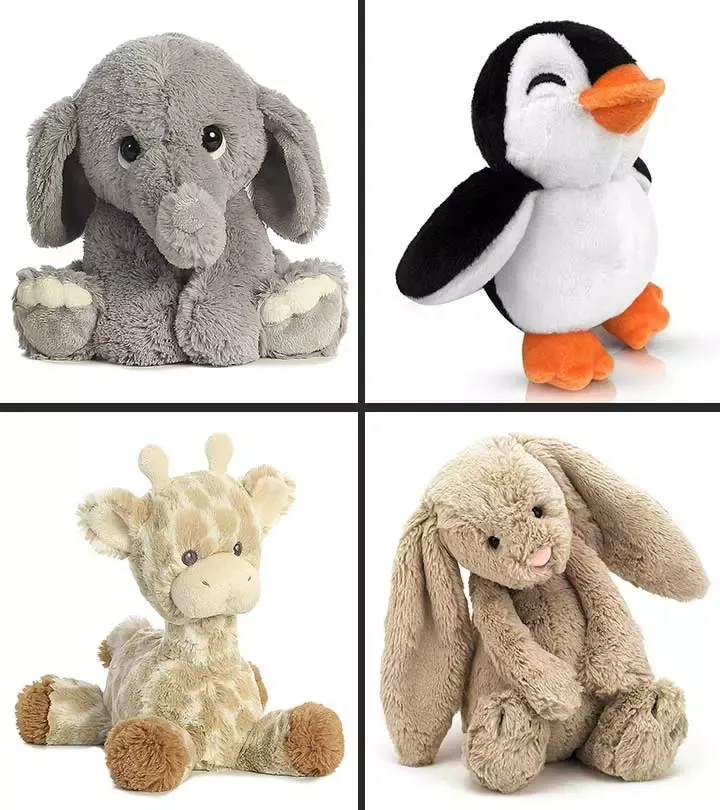 Soft stuffed elephant, penguin, giraffe, and bunny plush toys for kids.