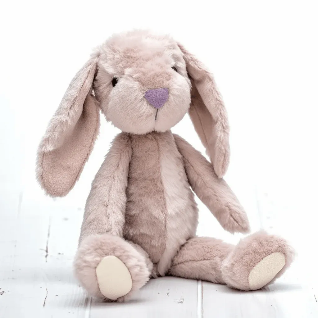 Soft plush bunny with long ears and purple nose sitting on white wooden floor.