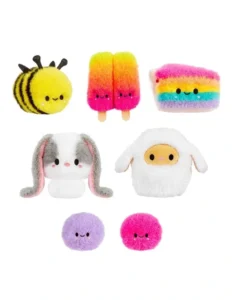 Colorful soft plush toys shaped like animals and food items