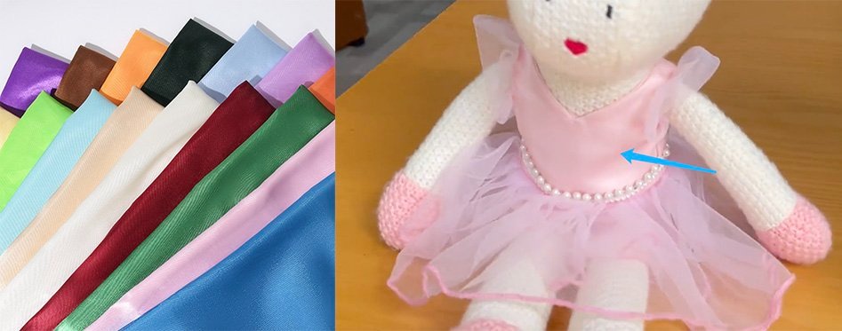 Várias cores de tecido de cetim expostas à esquerda e uma boneca feita à mão com um vestido de cetim e tule cor-de-rosa com pormenores de pérolas à direita.