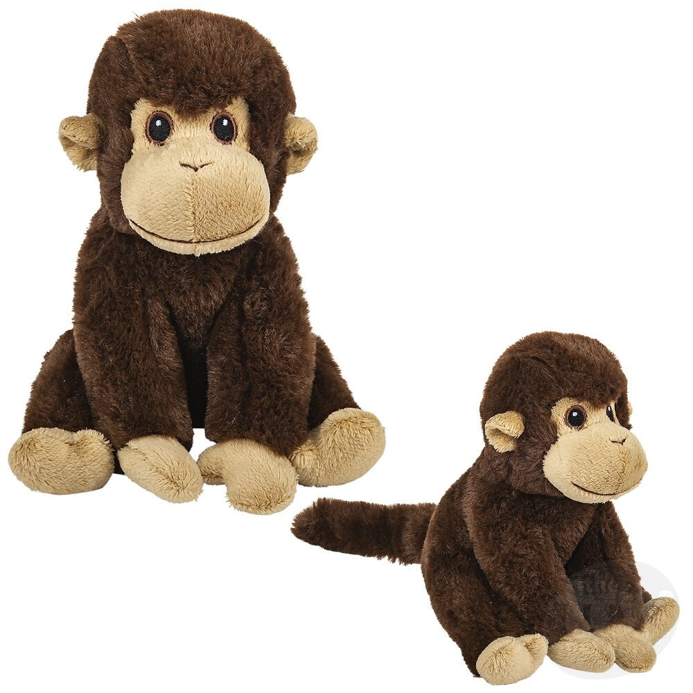 Twee bruine apen knuffeldieren met beige gezichten en voeten in verschillende maten.