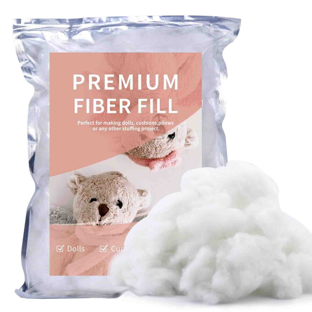 Package of premium polyester fiber fill for dolls, cushions, and plush toys.