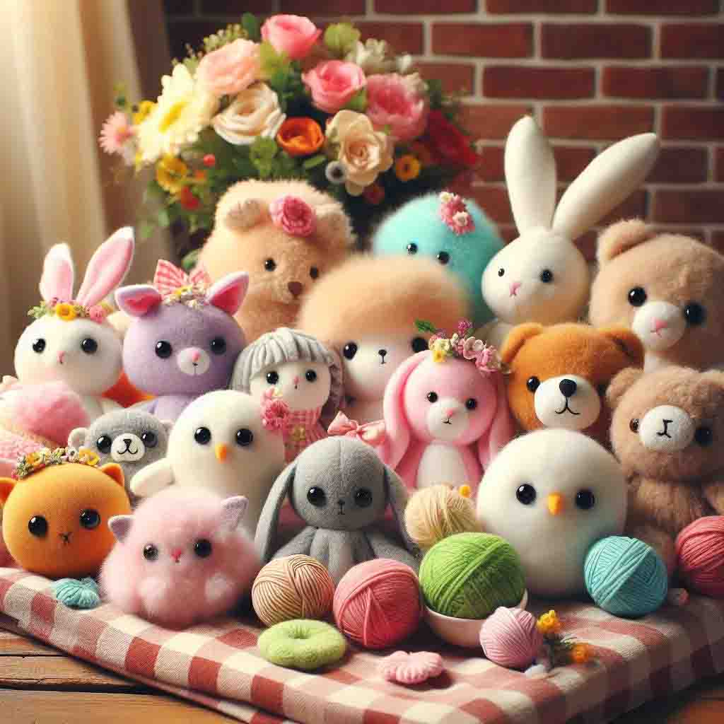Colorful plush animals with yarn balls