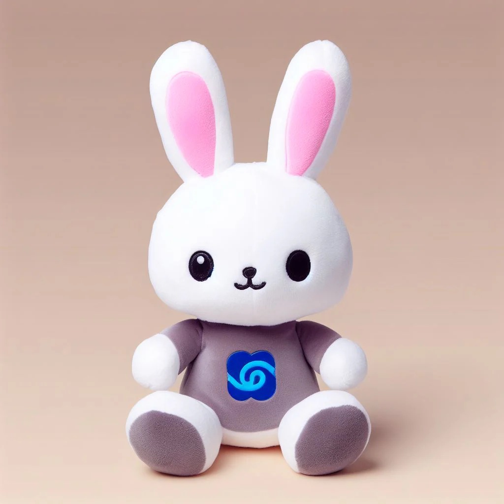 Adorable white plush bunny with pink ears wearing a gray outfit featuring a blue swirl logo