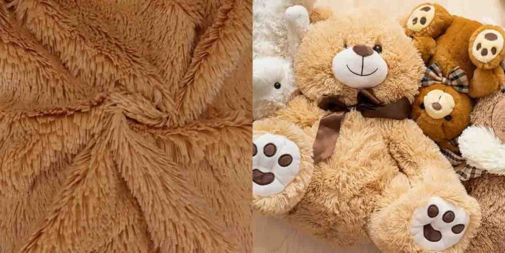 Brown fluffy fabric and matching teddy bear toys.