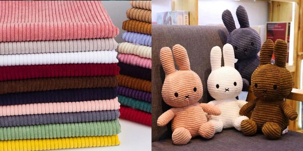 Stacked colorful corduroy fabric and four corduroy bunny plush toys on a couch.