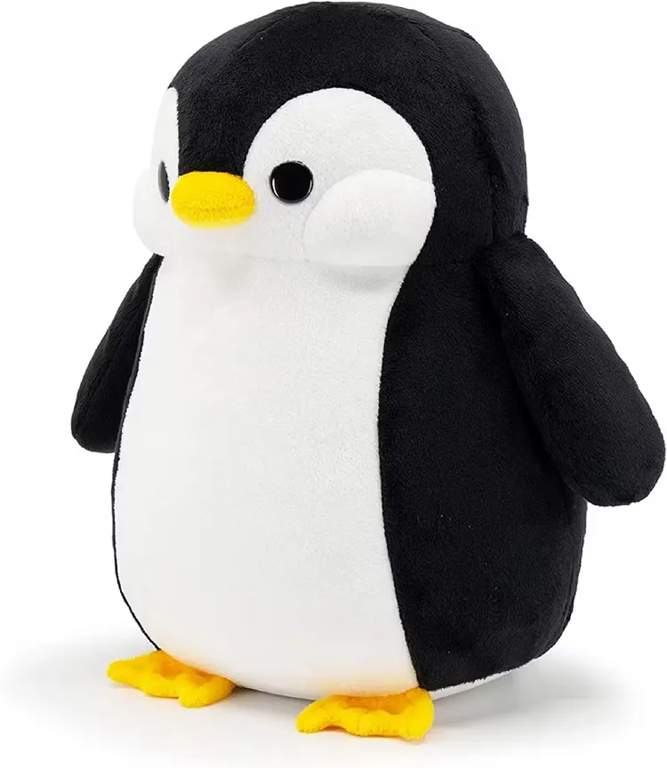Soft black and white penguin plush with yellow feet