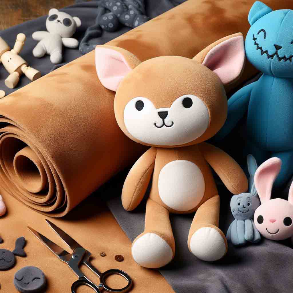 Uma raposa de peluche castanha rodeada de rolos de tecido, tesouras, botões e vários animais de peluche feitos à mão numa mesa de trabalhos manuais.