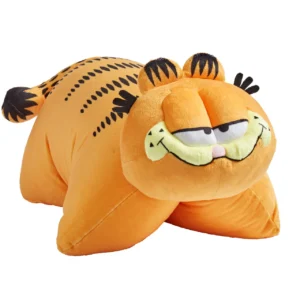 Orange Garfield plush toy lying down with sleepy expression on white background.
