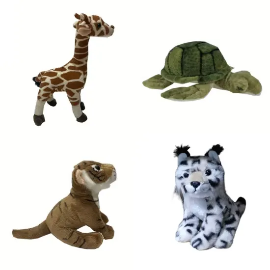 Stuffed giraffe, turtle, tiger, and snow leopard plush animal toys.