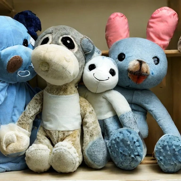 A group of old, worn-out plush toys with faded colors and signs of heavy use, sitting closely together on a wooden shelf.