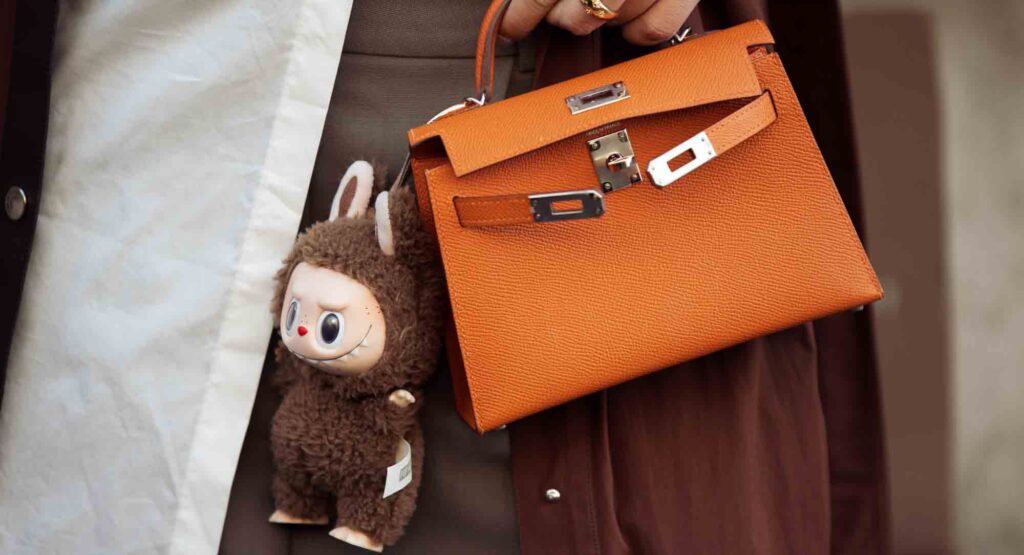 Peluche Labubu marron suspendue au sac à main