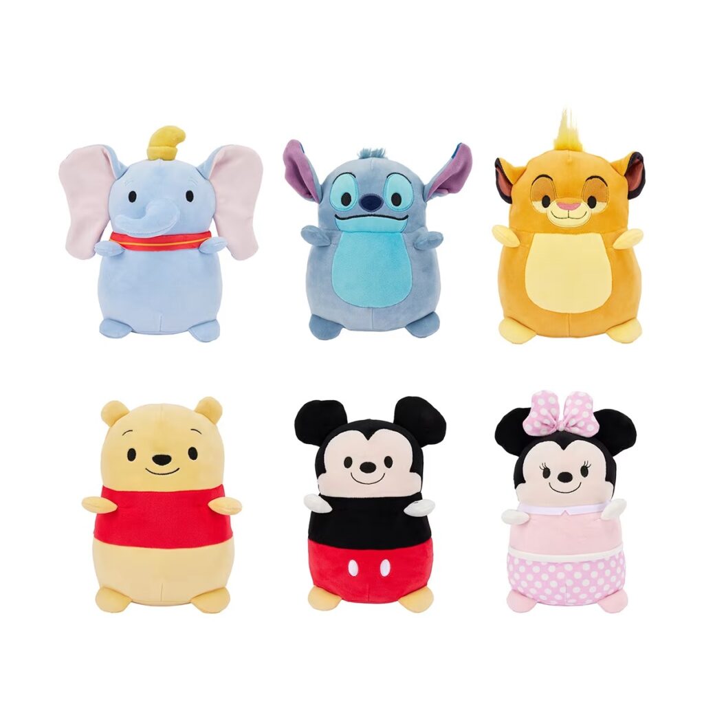 Six Disney-themed plush toys including Dumbo, Stitch, Simba, Winnie the Pooh, Mickey, and Minnie.