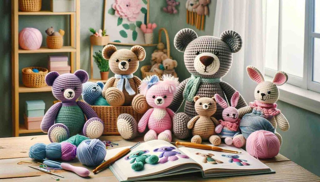 Animali di peluche fatti a mano all'uncinetto con filato e strumenti per l'uncinetto sul tavolo