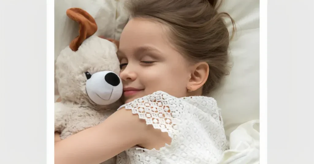 Young girl happily hugging a soft plush dog toy
