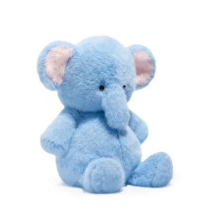 Soft blue elephant plush toy with pink ears on white background.