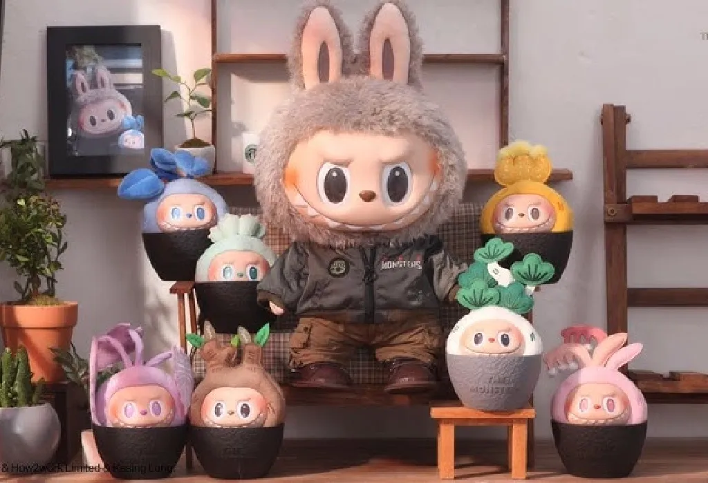 Group of Labubu plush dolls with various costumes arranged on shelves and chair.