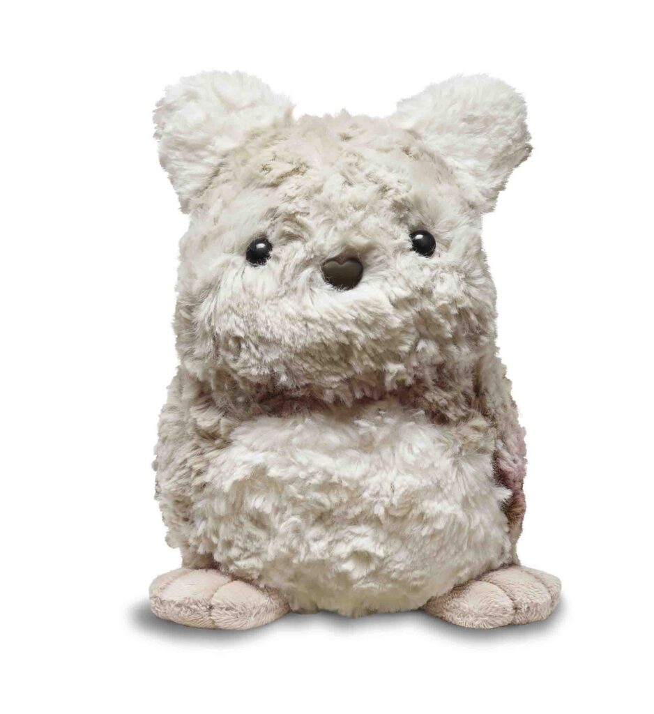 Soft beige hamster-shaped stuffed animal with round body and tiny feet.